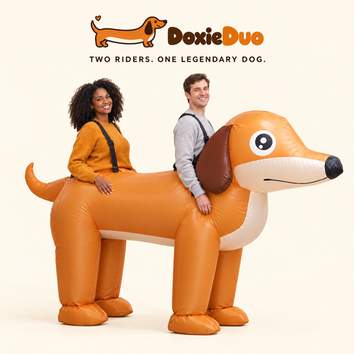 DoxieDuo two-person inflatable dachshund costume, side view