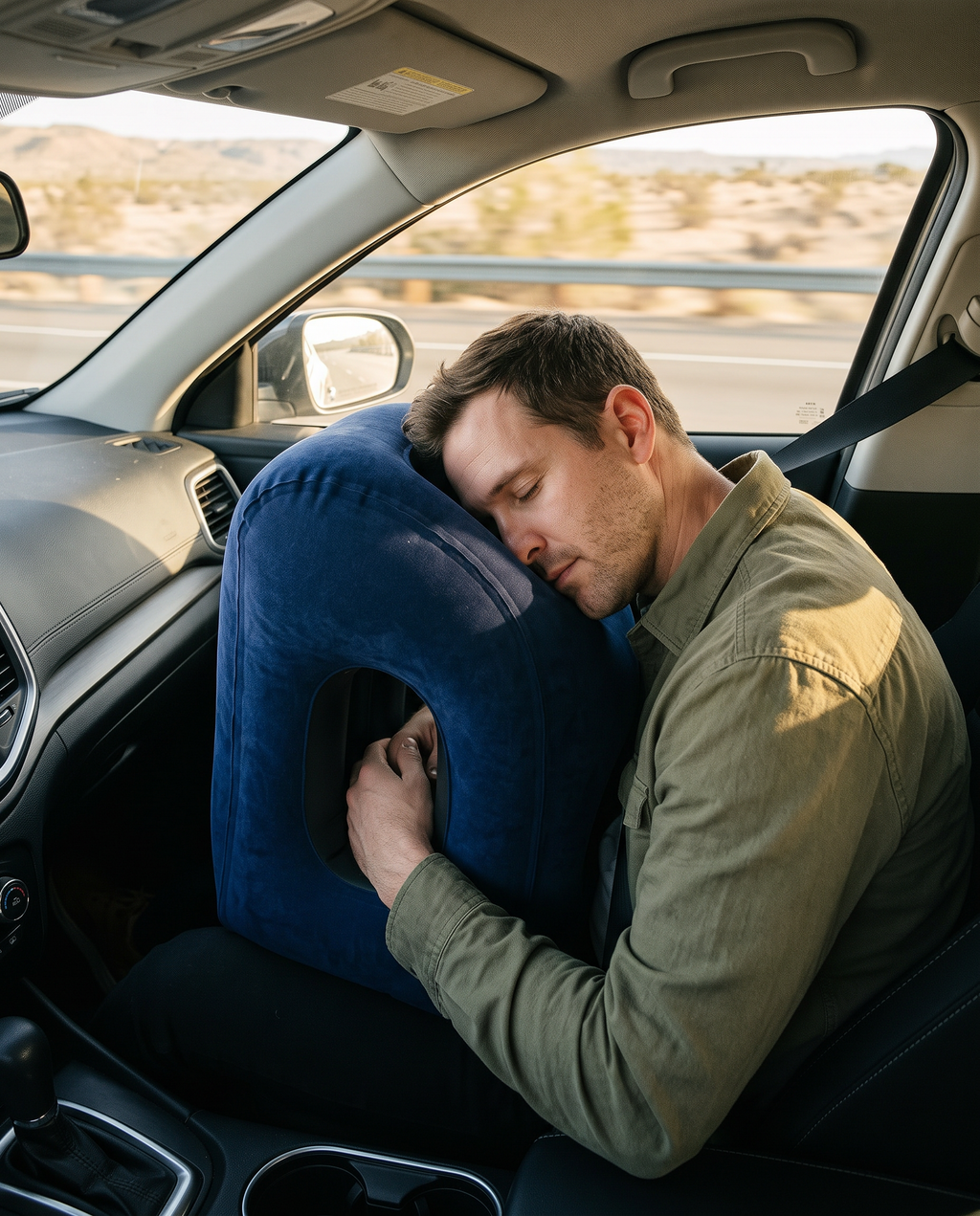 Man napping on a blue NapHug pillow in a car passenger seat