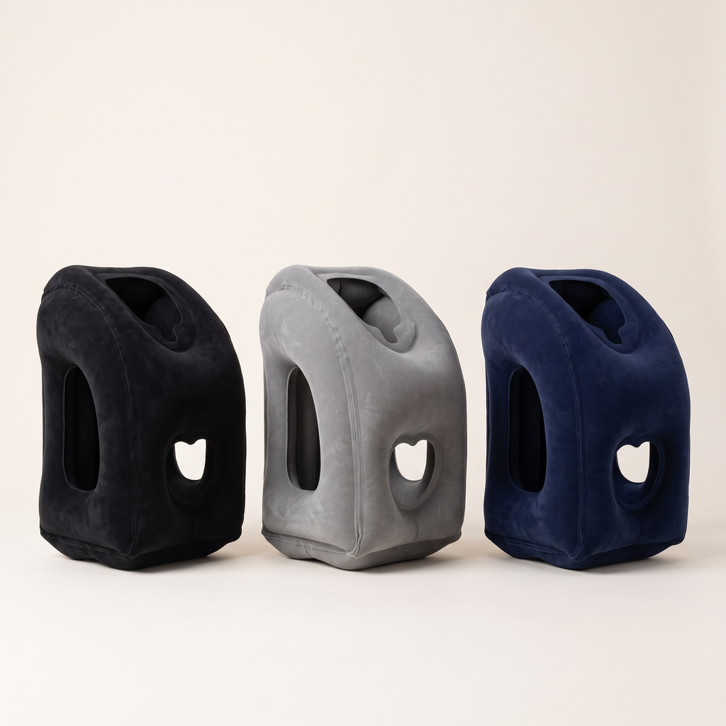 NapHug travel pillow in black, grey and blue