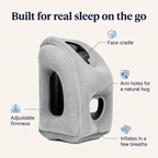 NapHug features: face cradle, arm holes, quick inflation, adjustable firmness