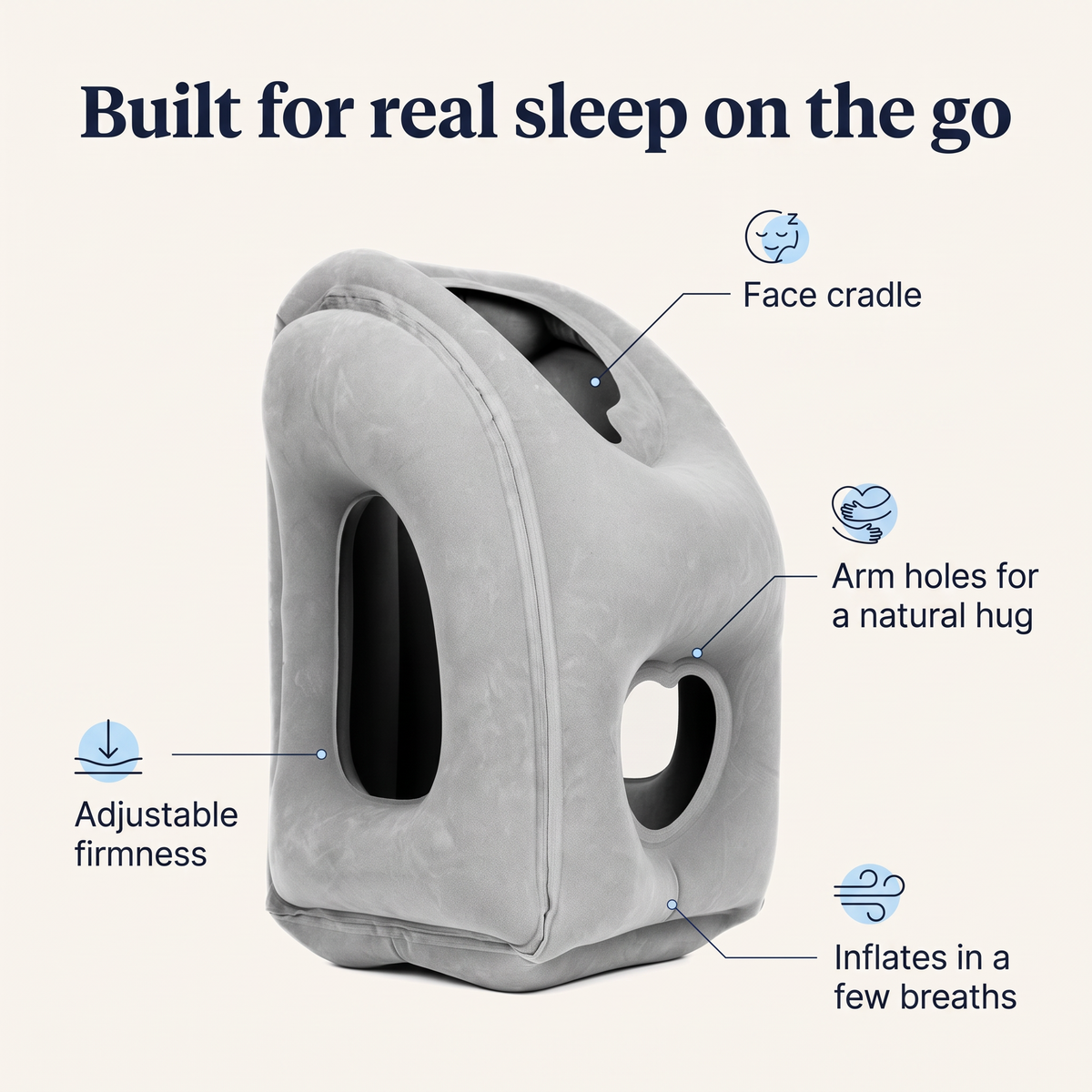 NapHug features: face cradle, arm holes, quick inflation, adjustable firmness