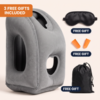NapHug inflatable travel pillow with three free gifts: eye mask, earplugs and carry bag